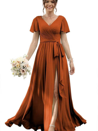 V-Neck Floor-Length Chiffon Bridesmaid Dress with Short Sleeves