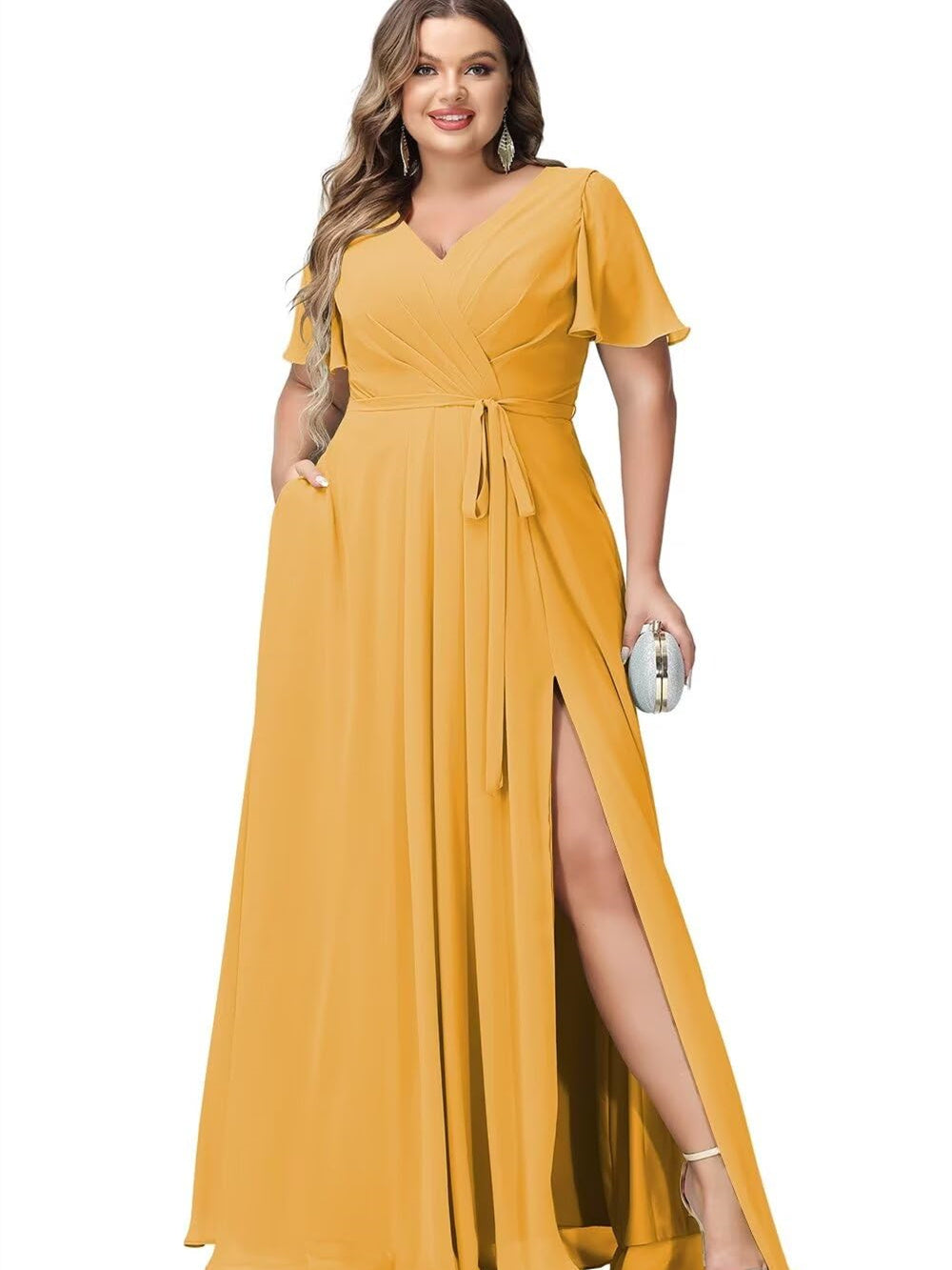 V-Neck Floor-Length Chiffon Bridesmaid Dress with Short Sleeves