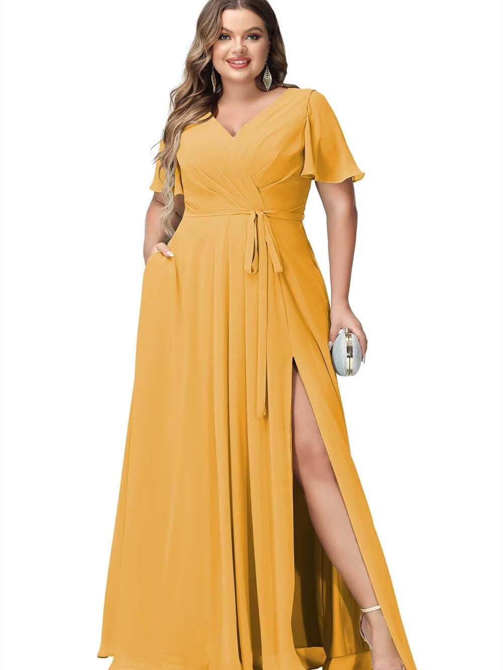 V-Neck Floor-Length Chiffon Bridesmaid Dress with Short Sleeves