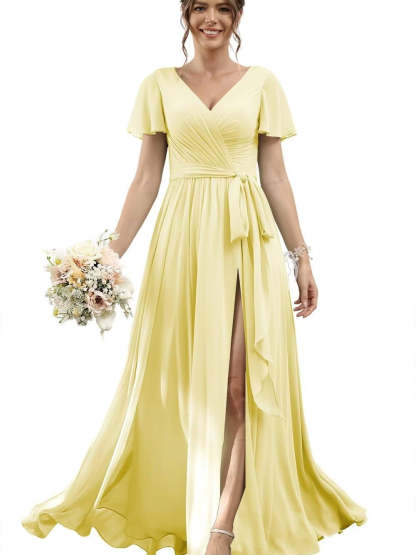 V-Neck Floor-Length Chiffon Bridesmaid Dress with Short Sleeves