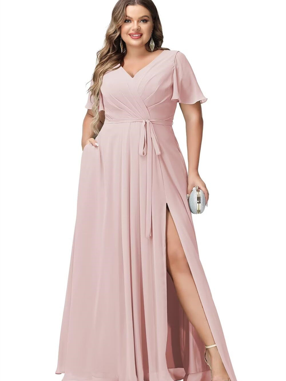 V-Neck Floor-Length Chiffon Bridesmaid Dress with Short Sleeves