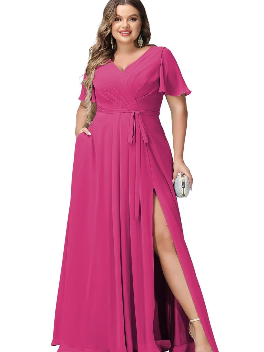 V-Neck Floor-Length Chiffon Bridesmaid Dress with Short Sleeves