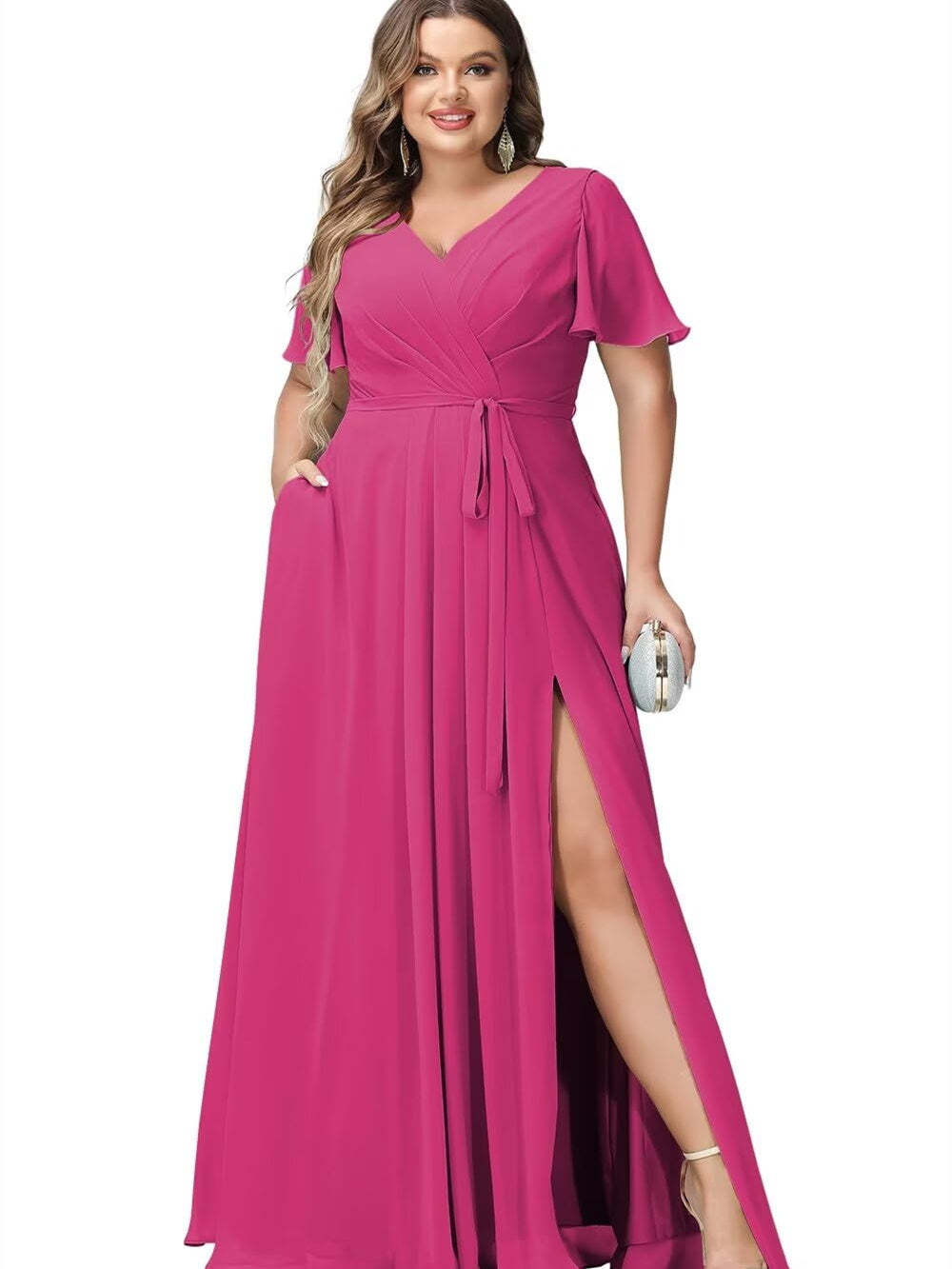 V-Neck Floor-Length Chiffon Bridesmaid Dress with Short Sleeves