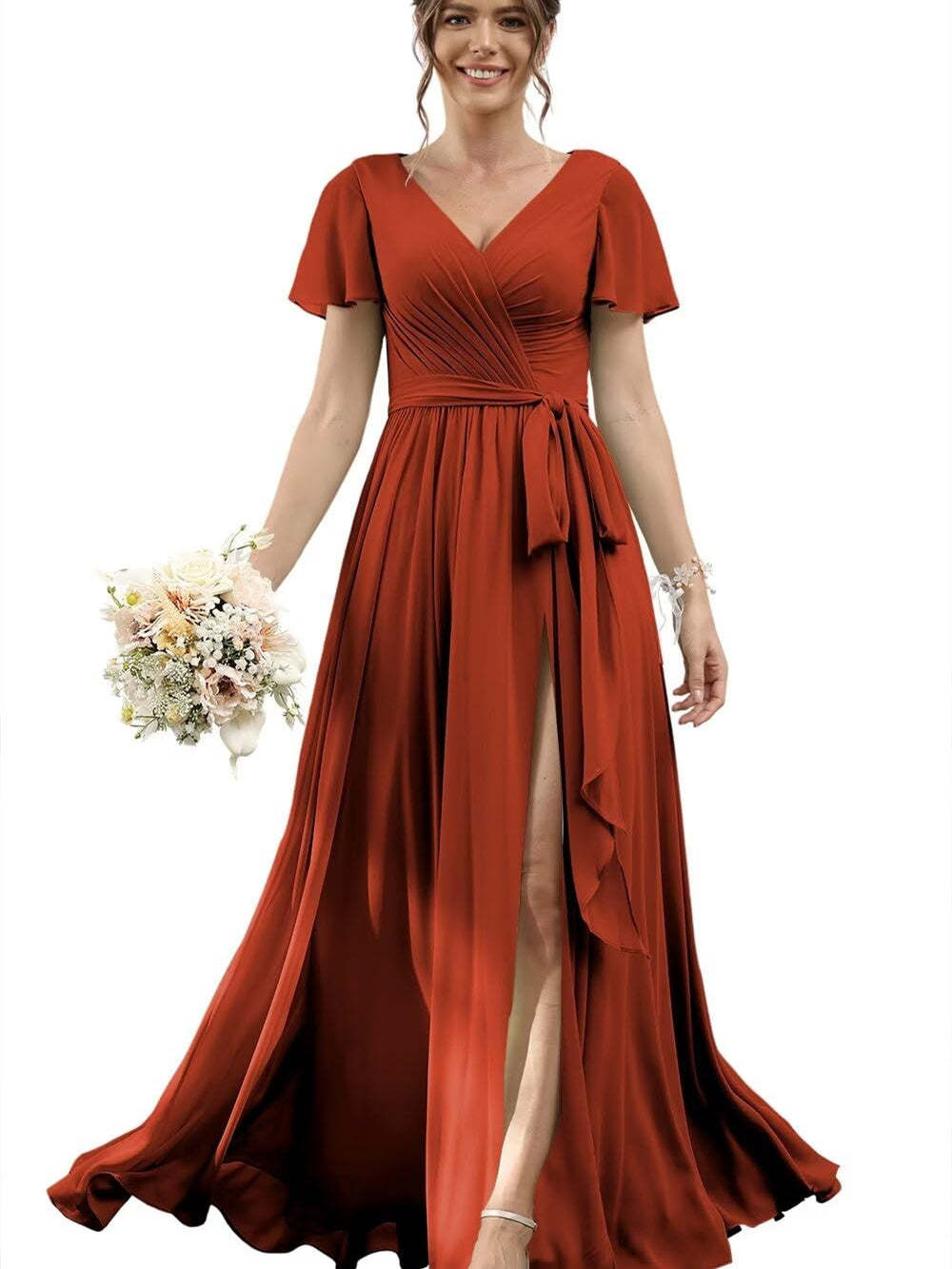 V-Neck Floor-Length Chiffon Bridesmaid Dress with Short Sleeves