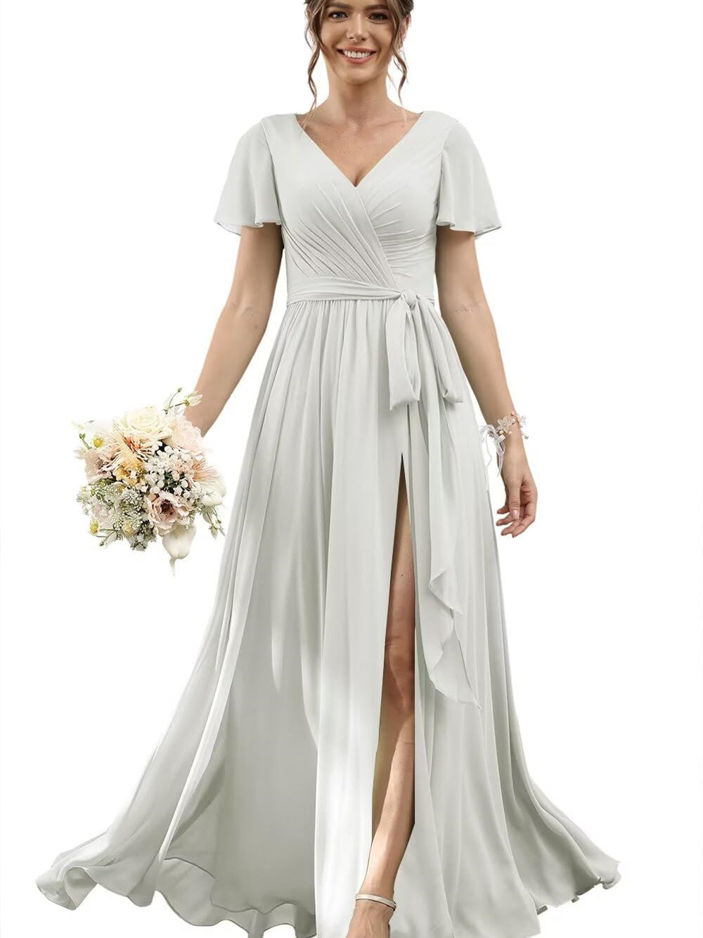 V-Neck Floor-Length Chiffon Bridesmaid Dress with Short Sleeves