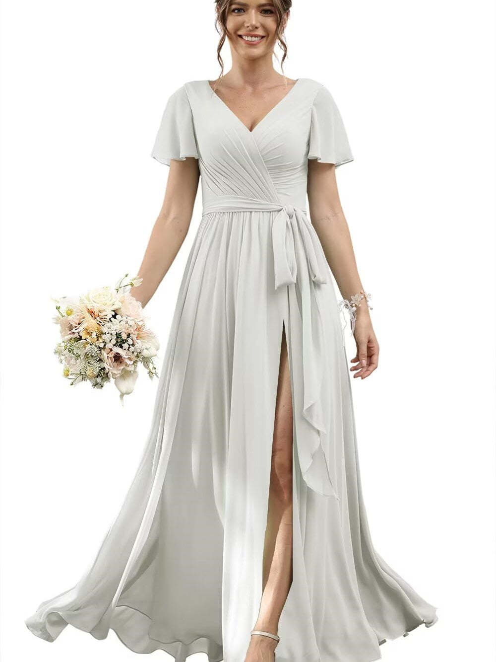 V-Neck Floor-Length Chiffon Bridesmaid Dress with Short Sleeves