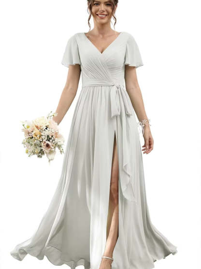 V-Neck Floor-Length Chiffon Bridesmaid Dress with Short Sleeves