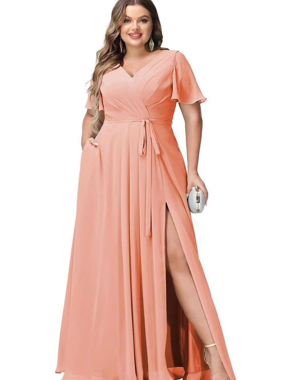 V-Neck Floor-Length Chiffon Bridesmaid Dress with Short Sleeves