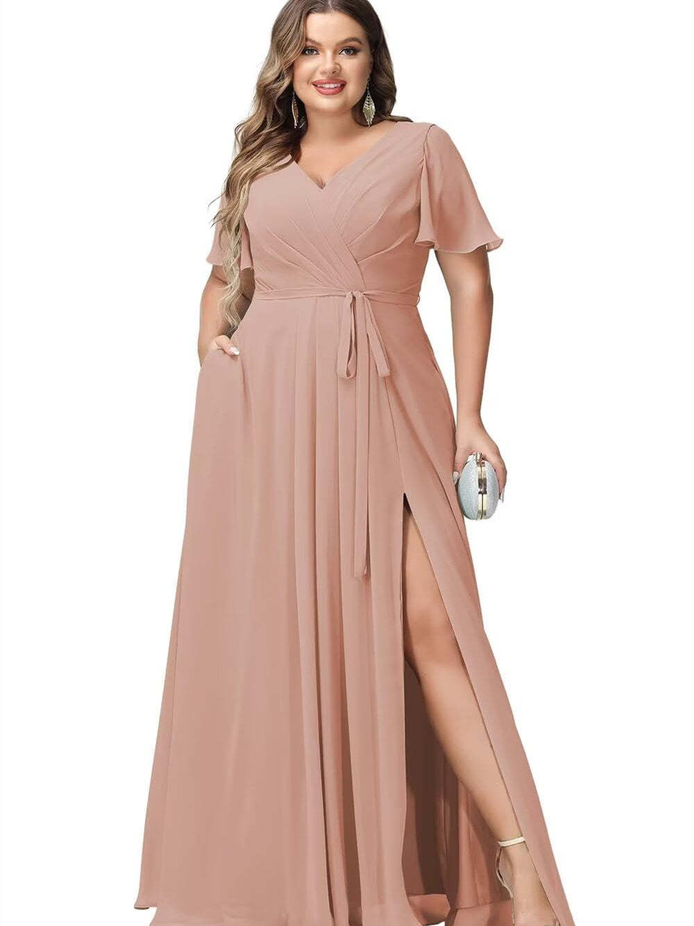 V-Neck Floor-Length Chiffon Bridesmaid Dress with Short Sleeves