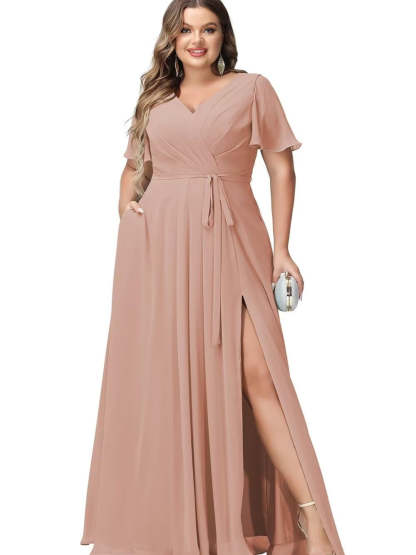 V-Neck Floor-Length Chiffon Bridesmaid Dress with Short Sleeves