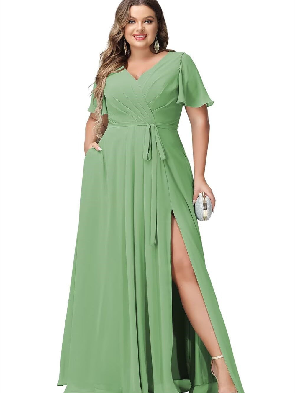 V-Neck Floor-Length Chiffon Bridesmaid Dress with Short Sleeves
