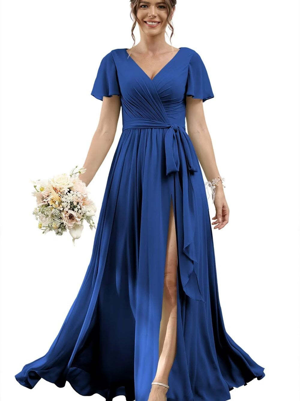 V-Neck Floor-Length Chiffon Bridesmaid Dress with Short Sleeves
