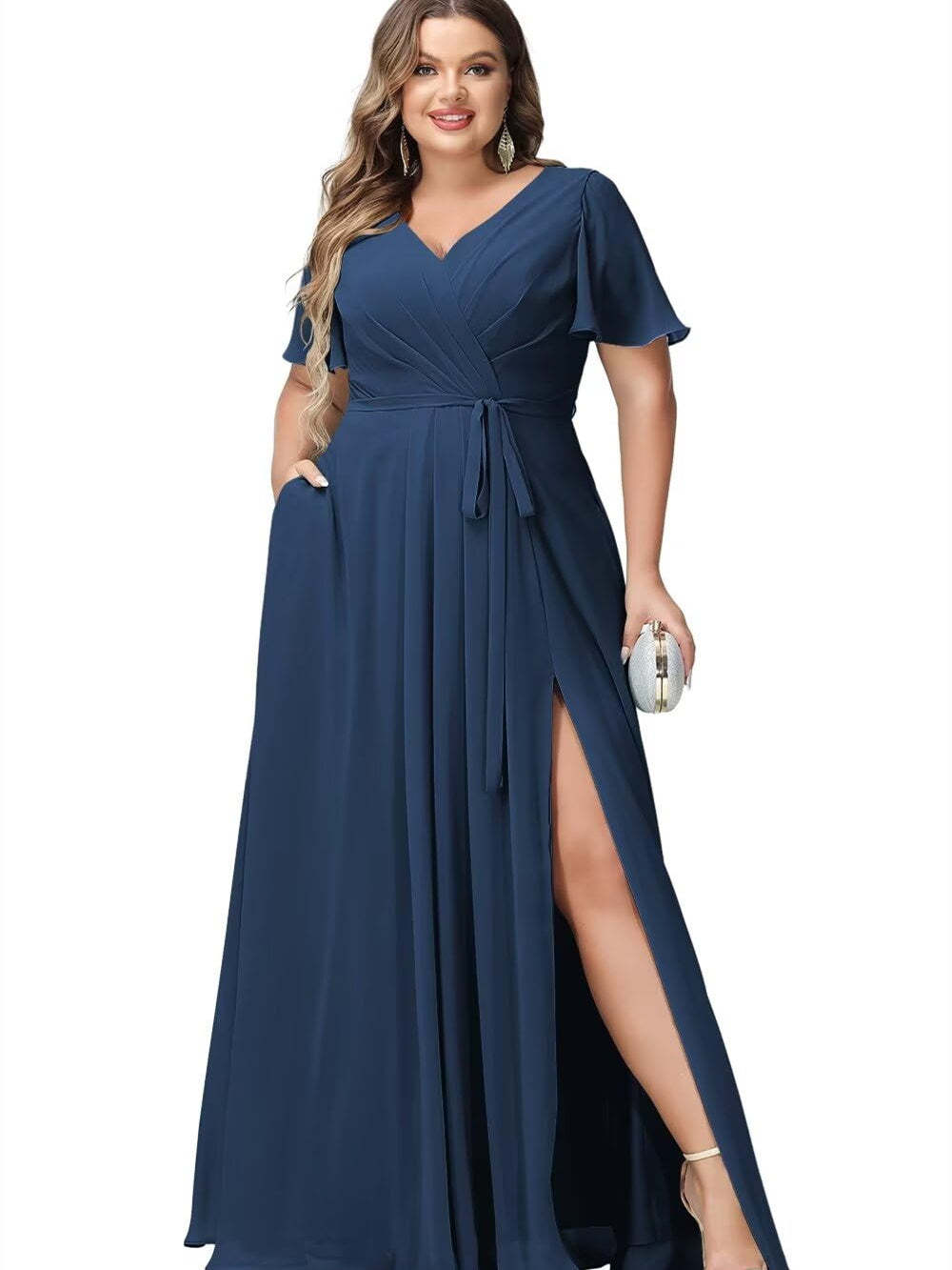 V-Neck Floor-Length Chiffon Bridesmaid Dress with Short Sleeves