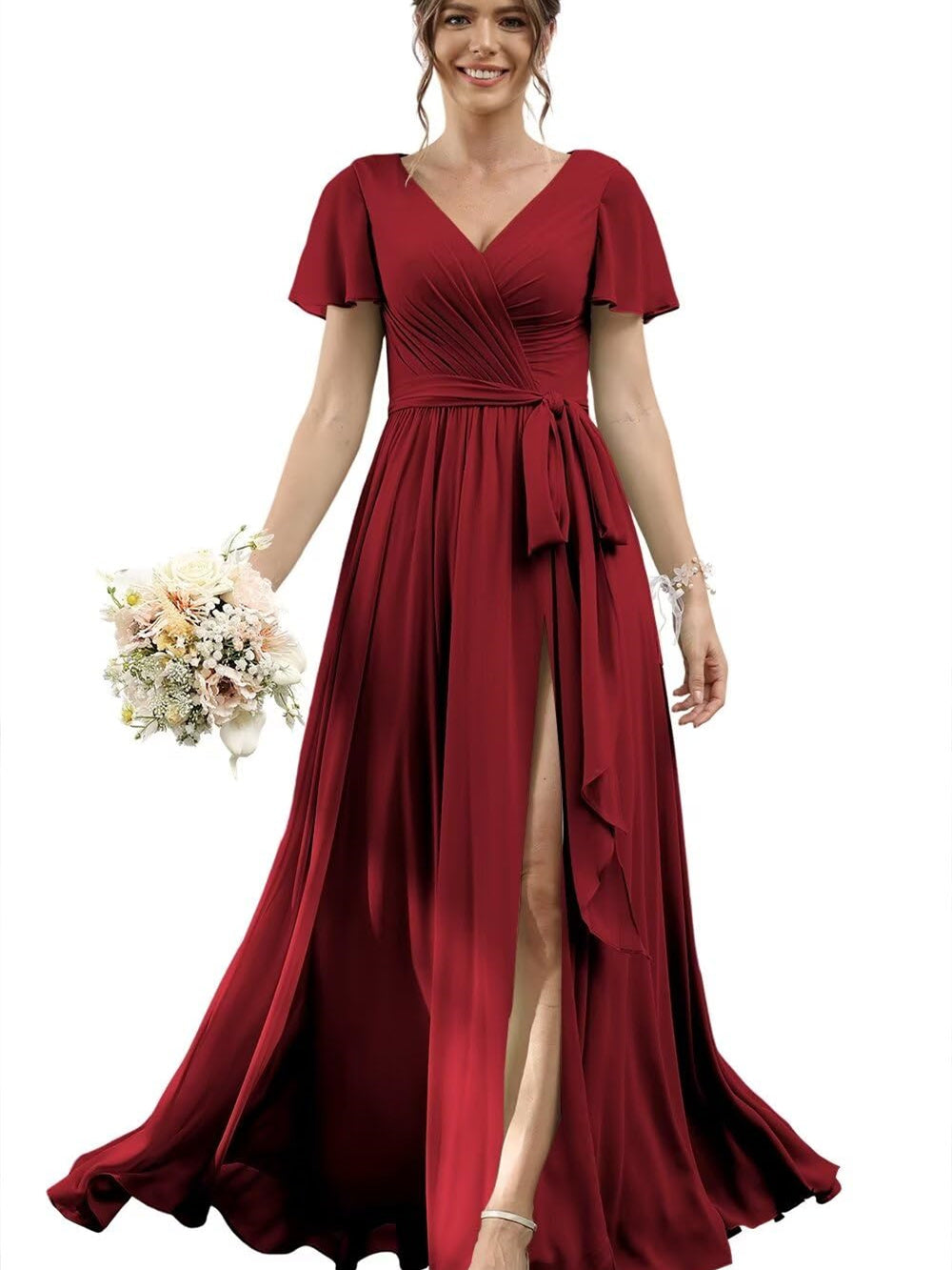 V-Neck Floor-Length Chiffon Bridesmaid Dress with Short Sleeves