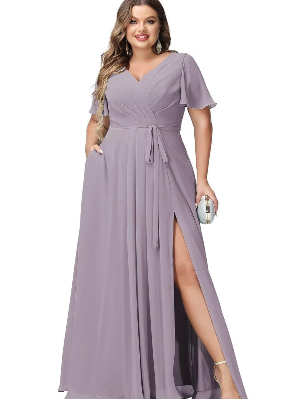 V-Neck Floor-Length Chiffon Bridesmaid Dress with Short Sleeves