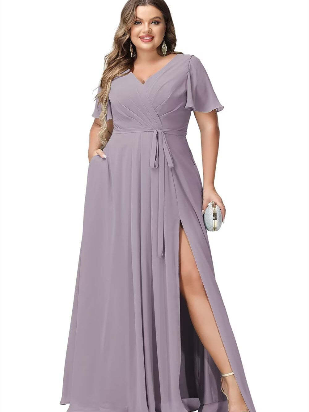 V-Neck Floor-Length Chiffon Bridesmaid Dress with Short Sleeves