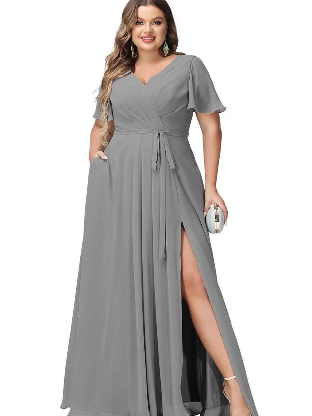 V-Neck Floor-Length Chiffon Bridesmaid Dress with Short Sleeves