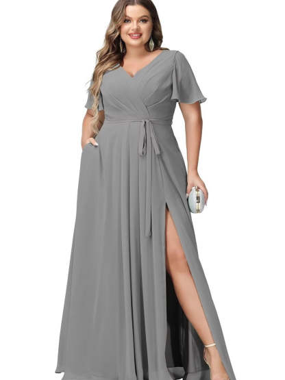 V-Neck Floor-Length Chiffon Bridesmaid Dress with Short Sleeves