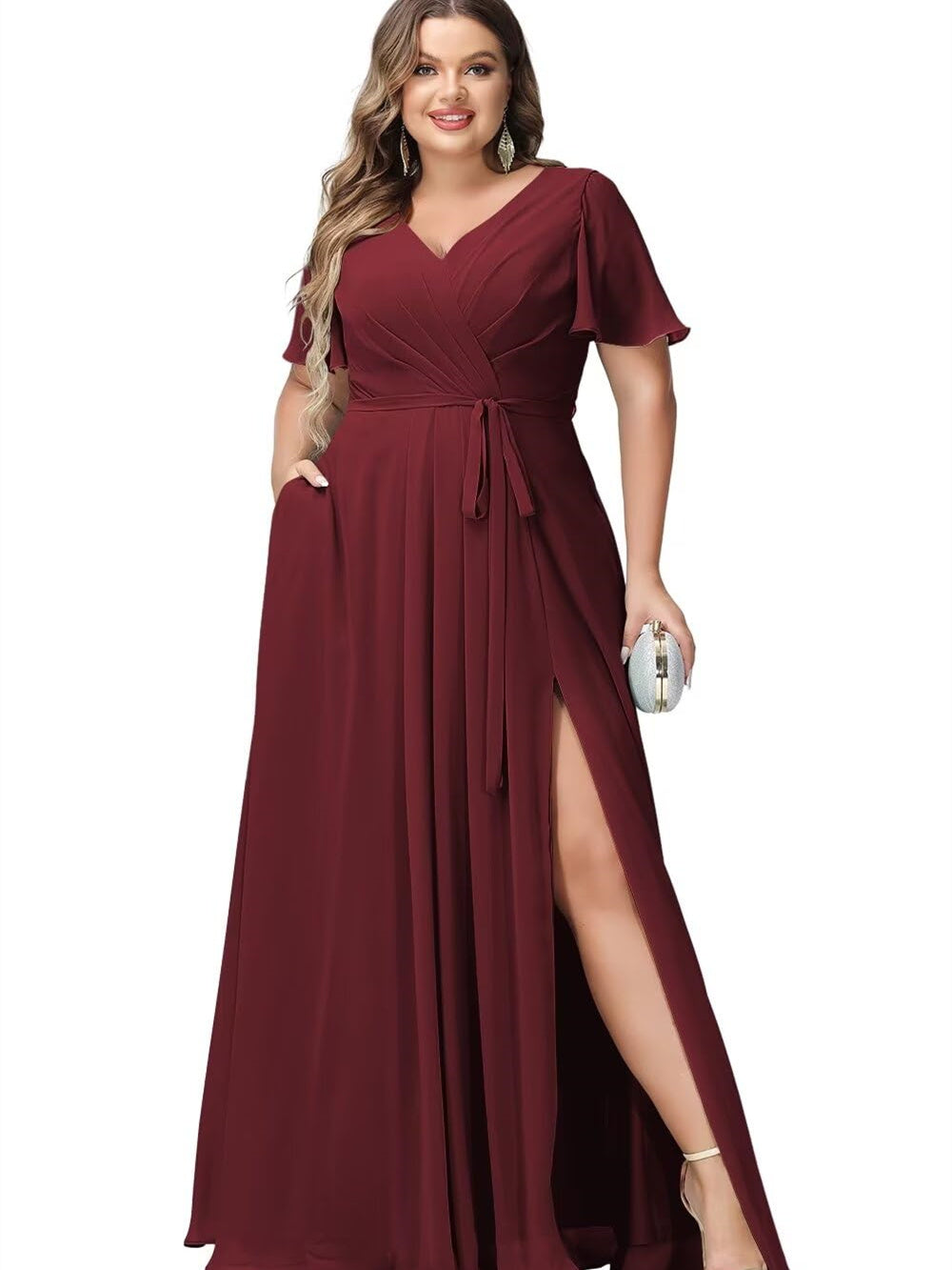 V-Neck Floor-Length Chiffon Bridesmaid Dress with Short Sleeves