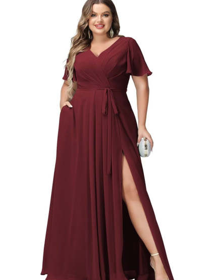 V-Neck Floor-Length Chiffon Bridesmaid Dress with Short Sleeves