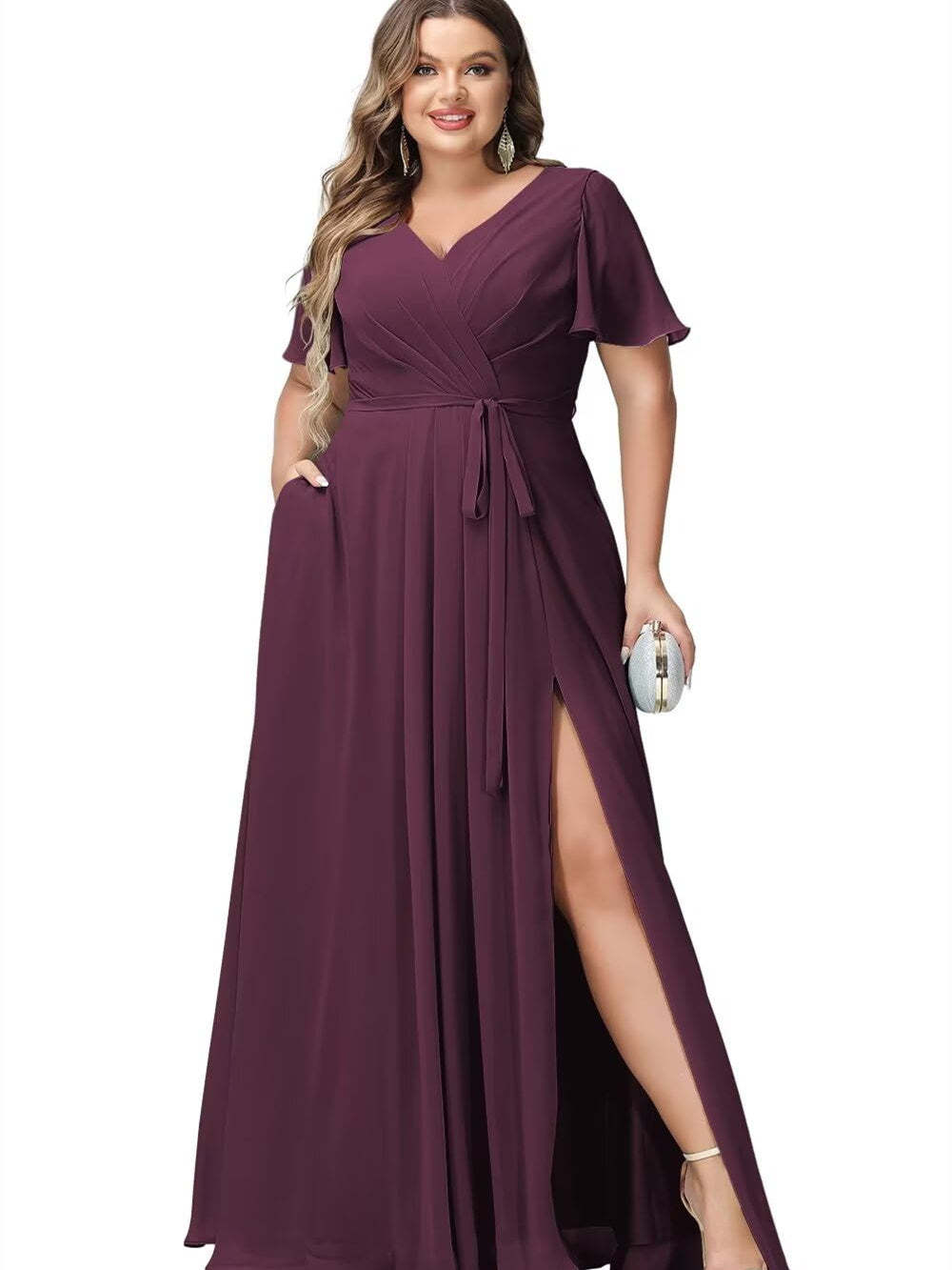 V-Neck Floor-Length Chiffon Bridesmaid Dress with Short Sleeves