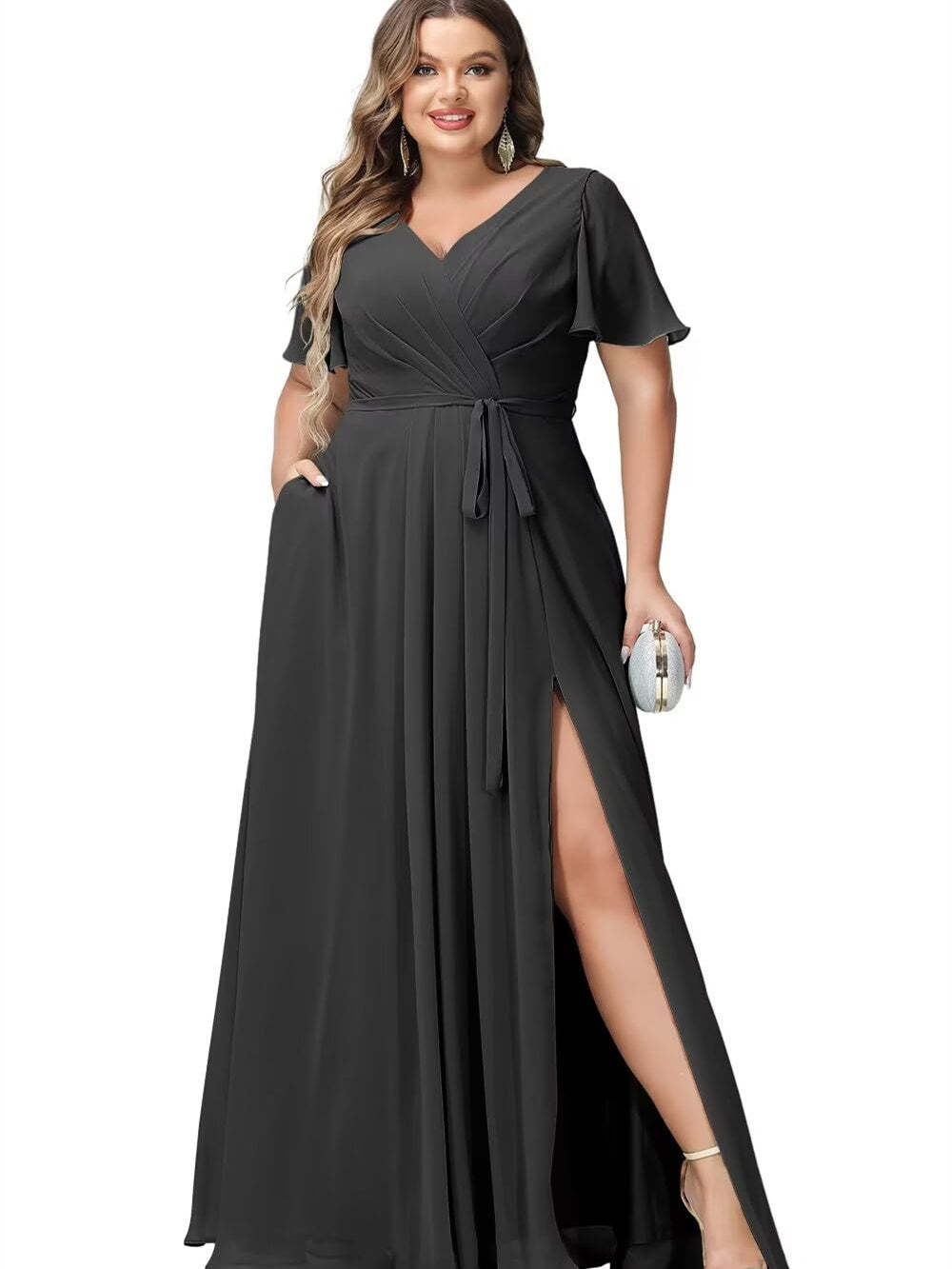 V-Neck Floor-Length Chiffon Bridesmaid Dress with Short Sleeves
