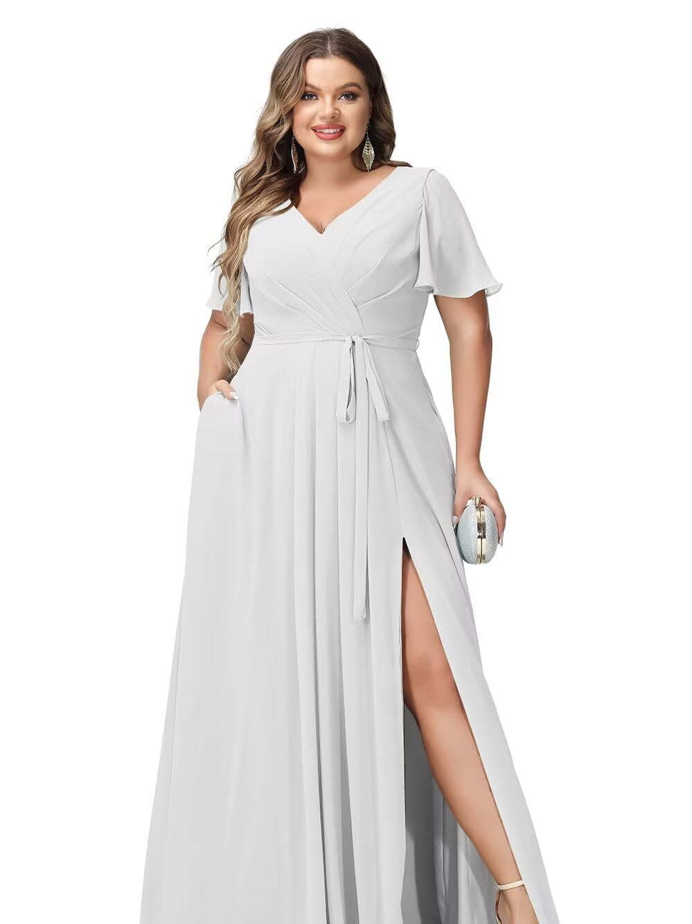V-Neck Floor-Length Chiffon Bridesmaid Dress with Short Sleeves