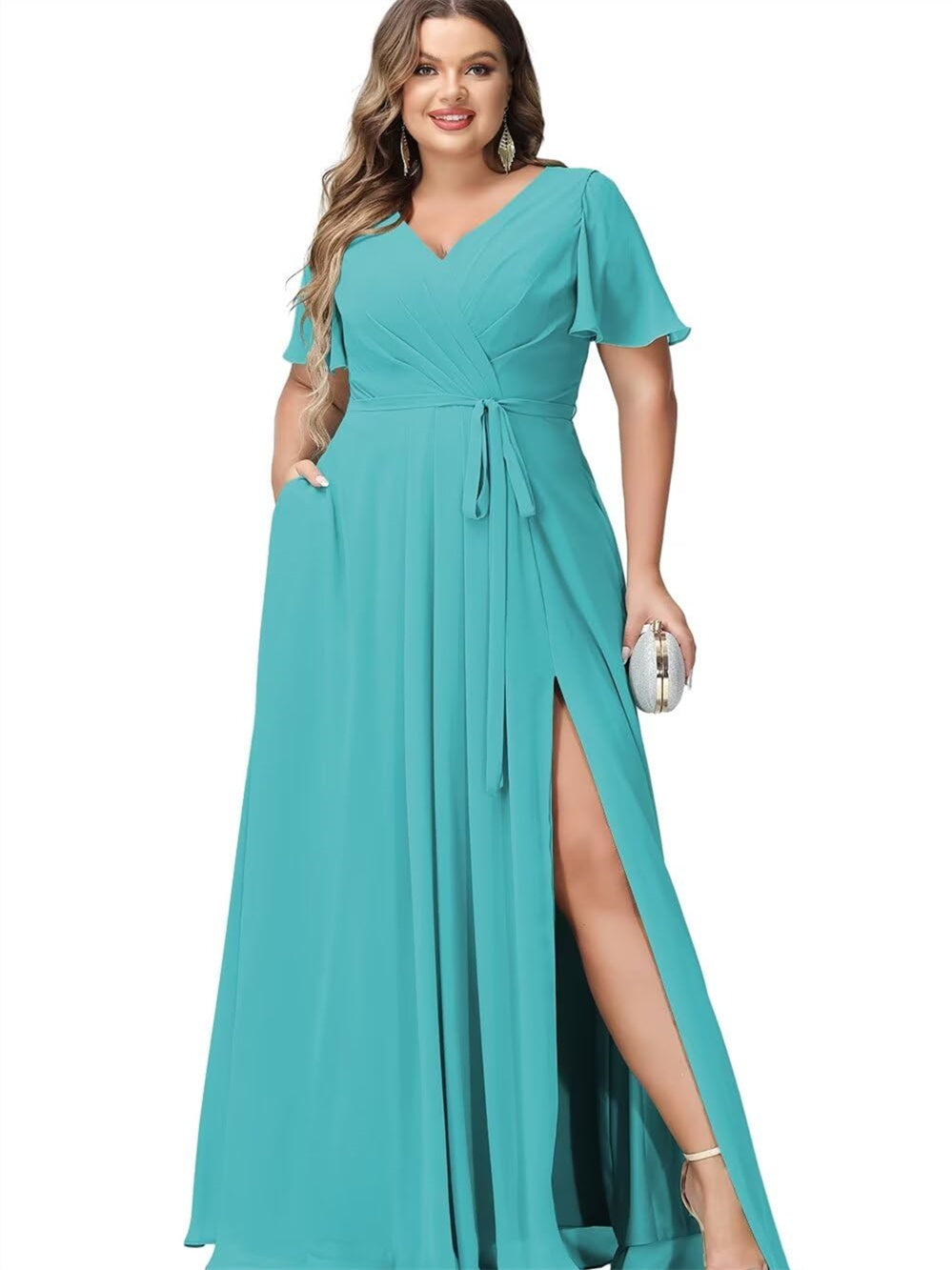 V-Neck Floor-Length Chiffon Bridesmaid Dress with Short Sleeves