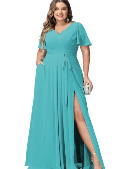 V-Neck Floor-Length Chiffon Bridesmaid Dress with Short Sleeves