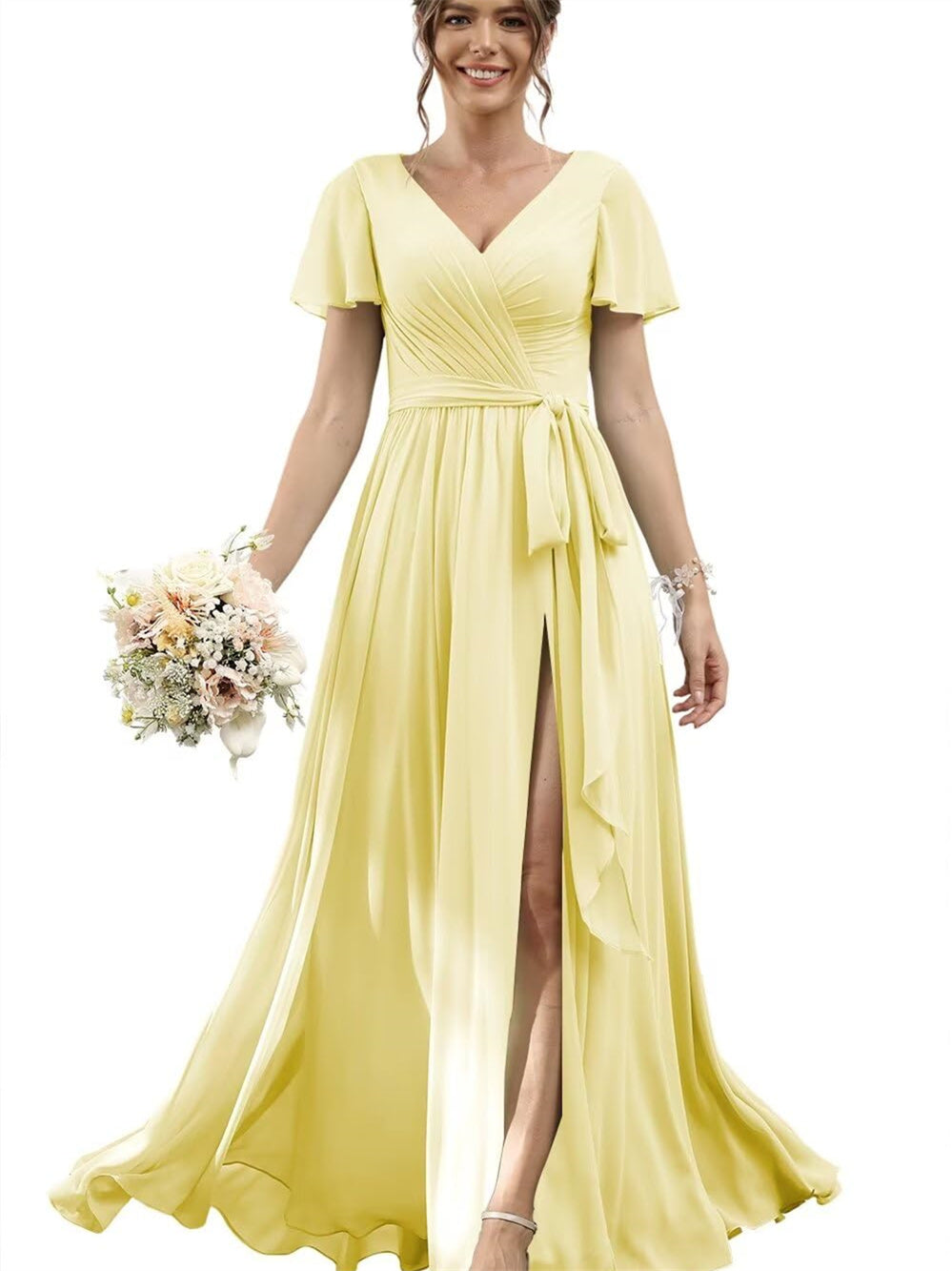 V-Neck Floor-Length Chiffon Bridesmaid Dress with Short Sleeves