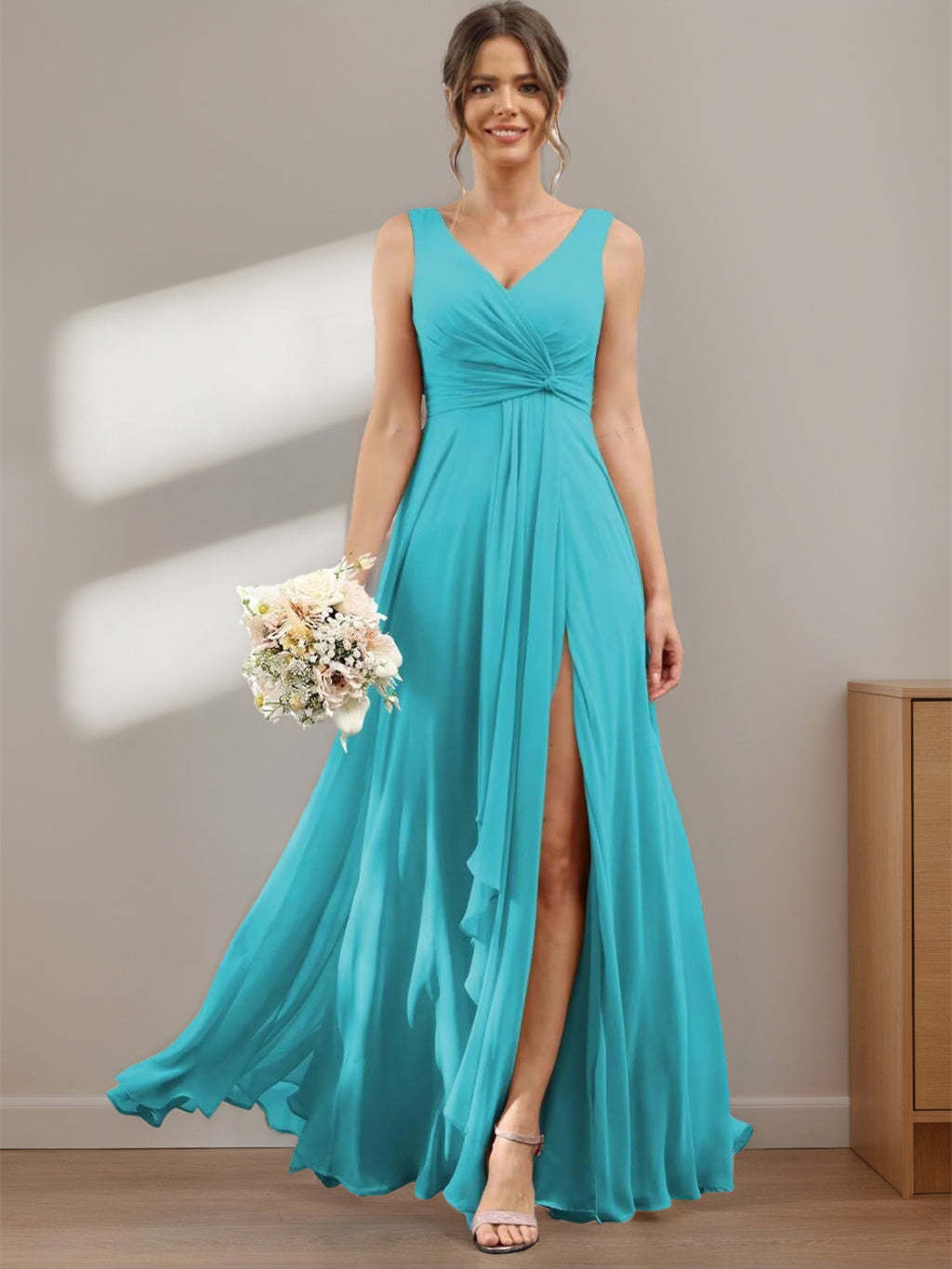 Floor-Length V-Neck Chiffon Bridesmaid Dress with Short Sleeves