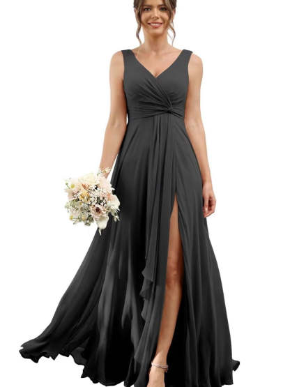 Floor-Length V-Neck Chiffon Bridesmaid Dress with Short Sleeves