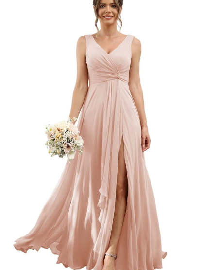 Floor-Length V-Neck Chiffon Bridesmaid Dress with Short Sleeves