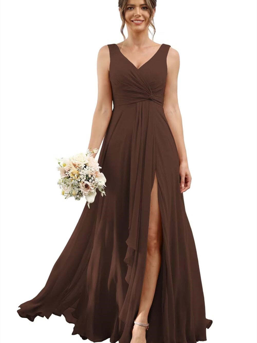 Floor-Length V-Neck Chiffon Bridesmaid Dress with Short Sleeves