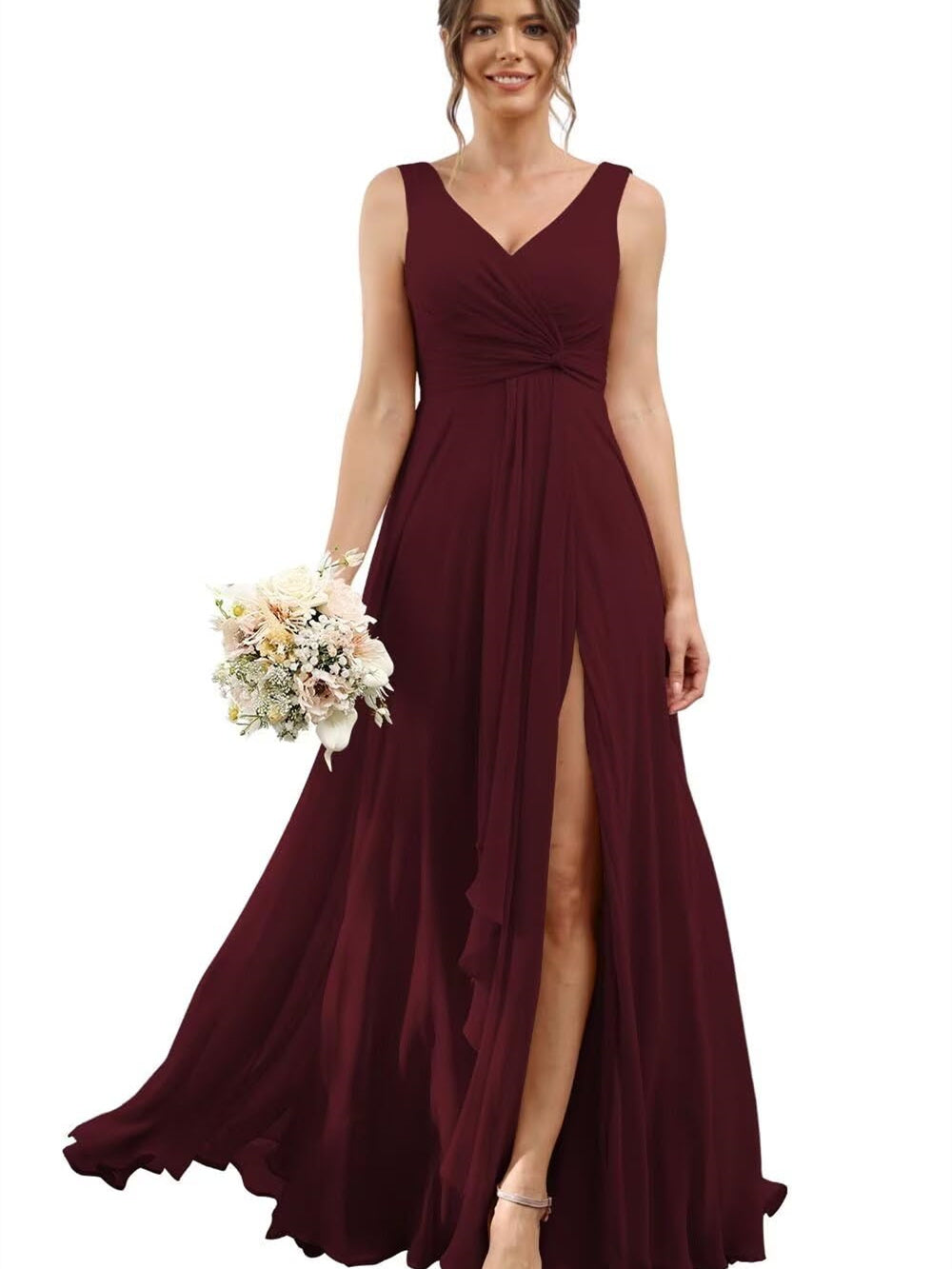 Floor-Length V-Neck Chiffon Bridesmaid Dress with Short Sleeves