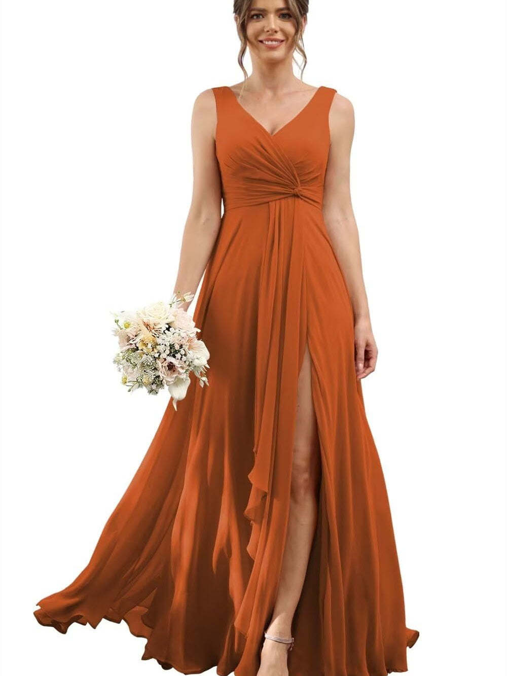 Floor-Length V-Neck Chiffon Bridesmaid Dress with Short Sleeves