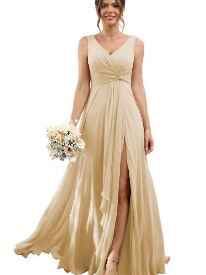 Floor-Length V-Neck Chiffon Bridesmaid Dress with Short Sleeves