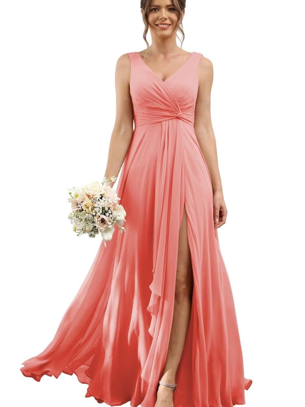 Floor-Length V-Neck Chiffon Bridesmaid Dress with Short Sleeves
