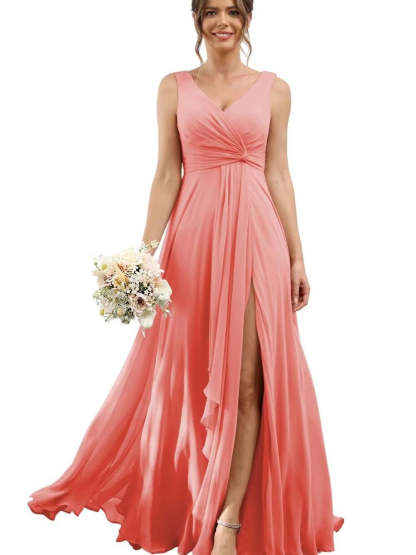 Floor-Length V-Neck Chiffon Bridesmaid Dress with Short Sleeves