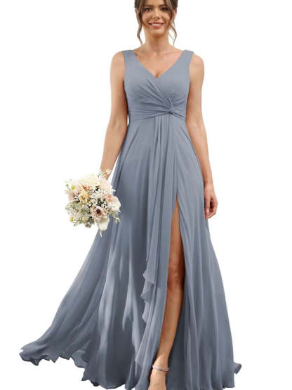 Floor-Length V-Neck Chiffon Bridesmaid Dress with Short Sleeves