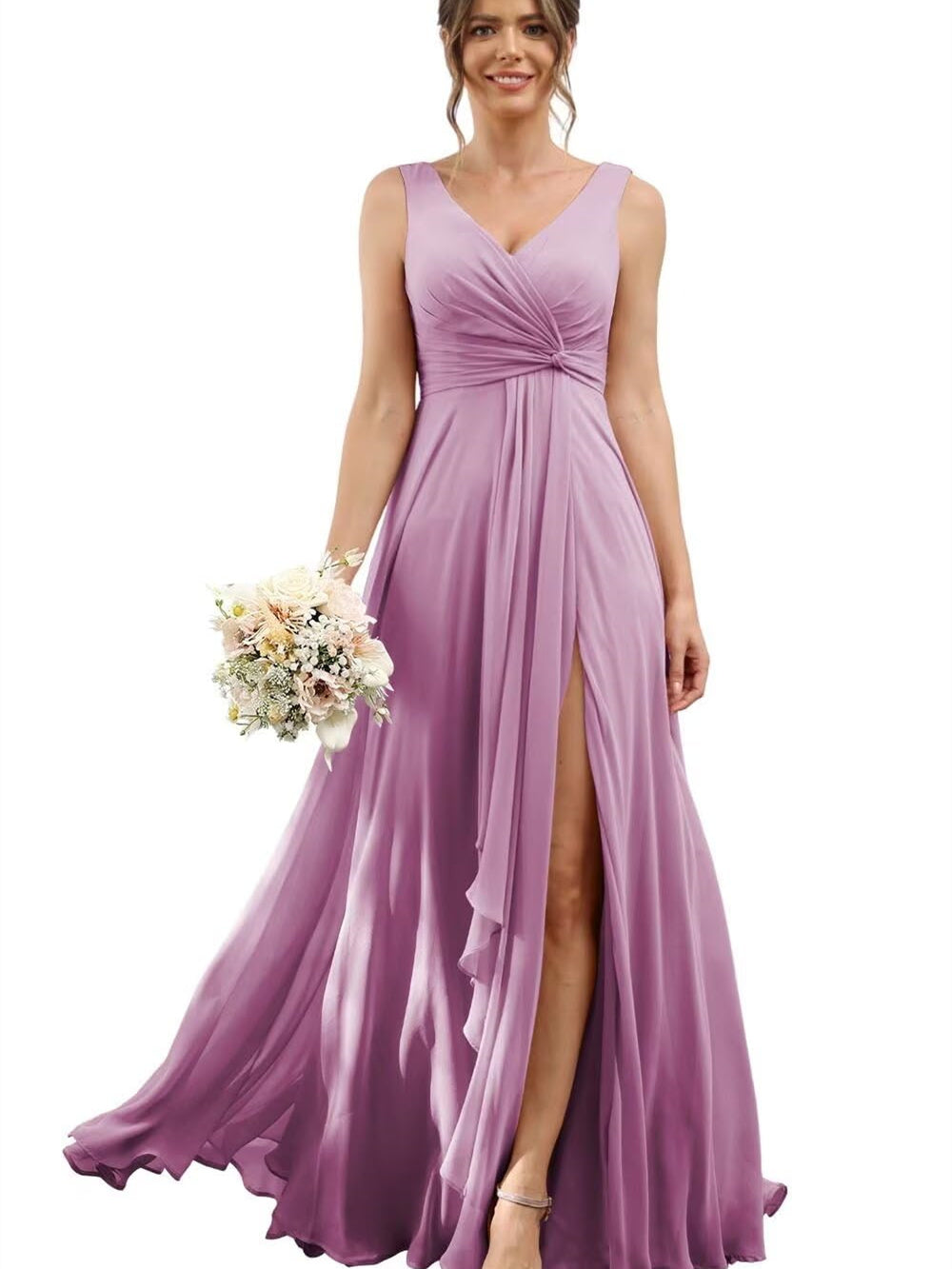 Floor-Length V-Neck Chiffon Bridesmaid Dress with Short Sleeves