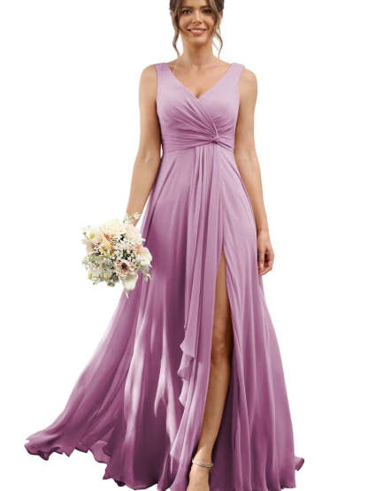 Floor-Length V-Neck Chiffon Bridesmaid Dress with Short Sleeves