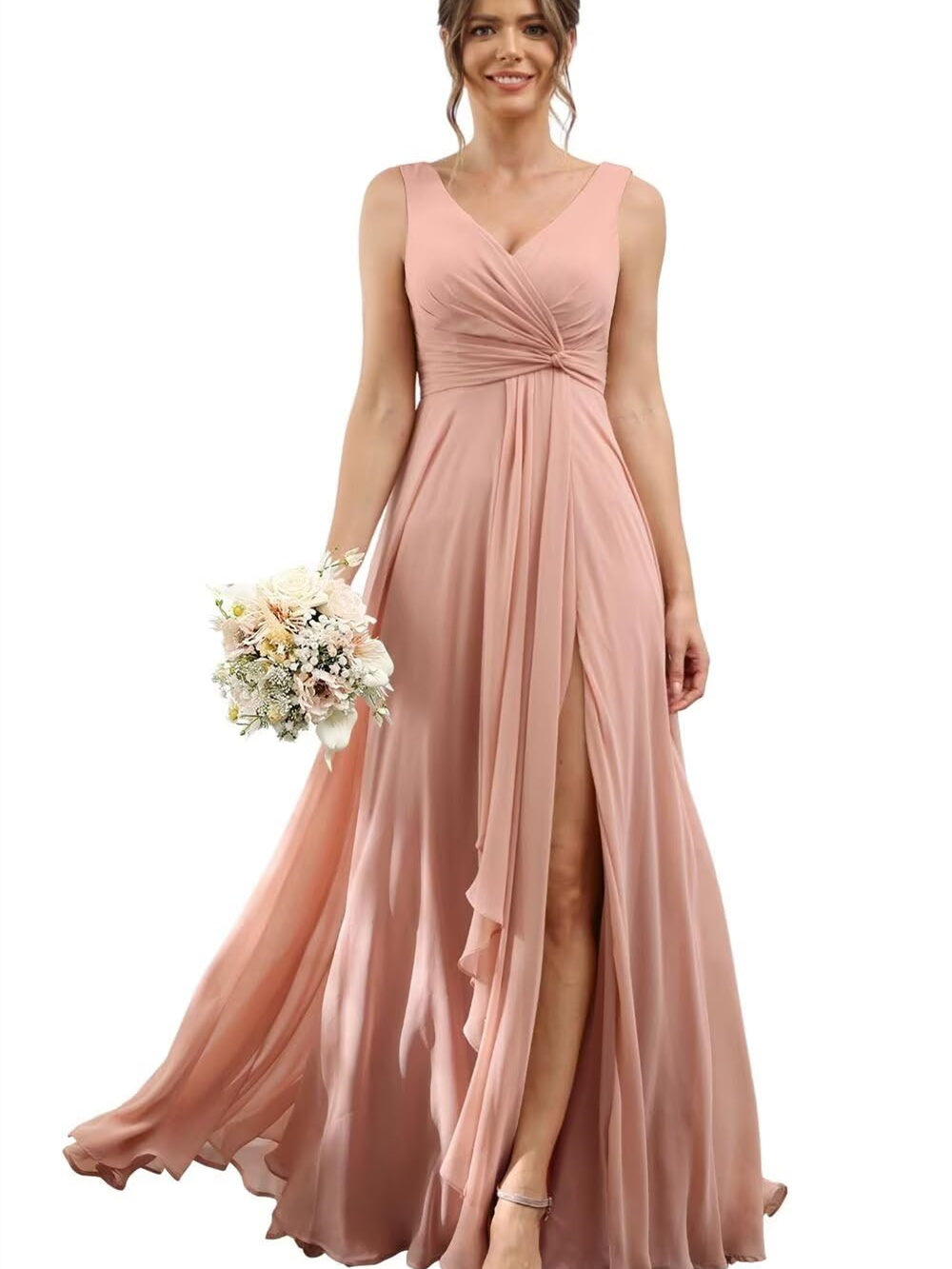 Floor-Length V-Neck Chiffon Bridesmaid Dress with Short Sleeves