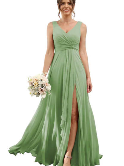 Floor-Length V-Neck Chiffon Bridesmaid Dress with Short Sleeves