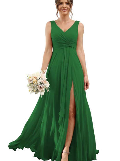 Floor-Length V-Neck Chiffon Bridesmaid Dress with Short Sleeves
