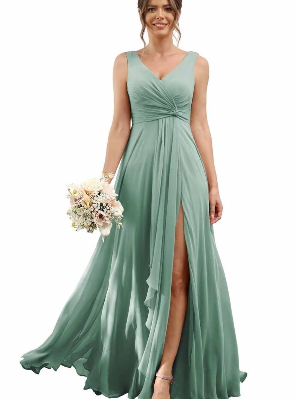 Floor-Length V-Neck Chiffon Bridesmaid Dress with Short Sleeves