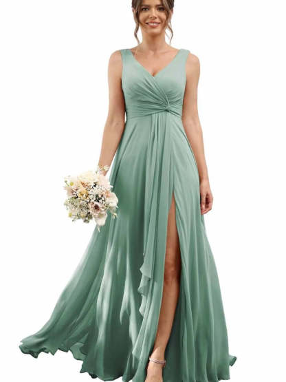 Floor-Length V-Neck Chiffon Bridesmaid Dress with Short Sleeves