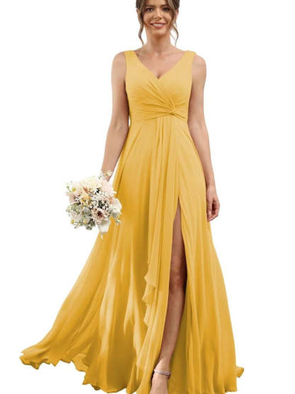 Floor-Length V-Neck Chiffon Bridesmaid Dress with Short Sleeves