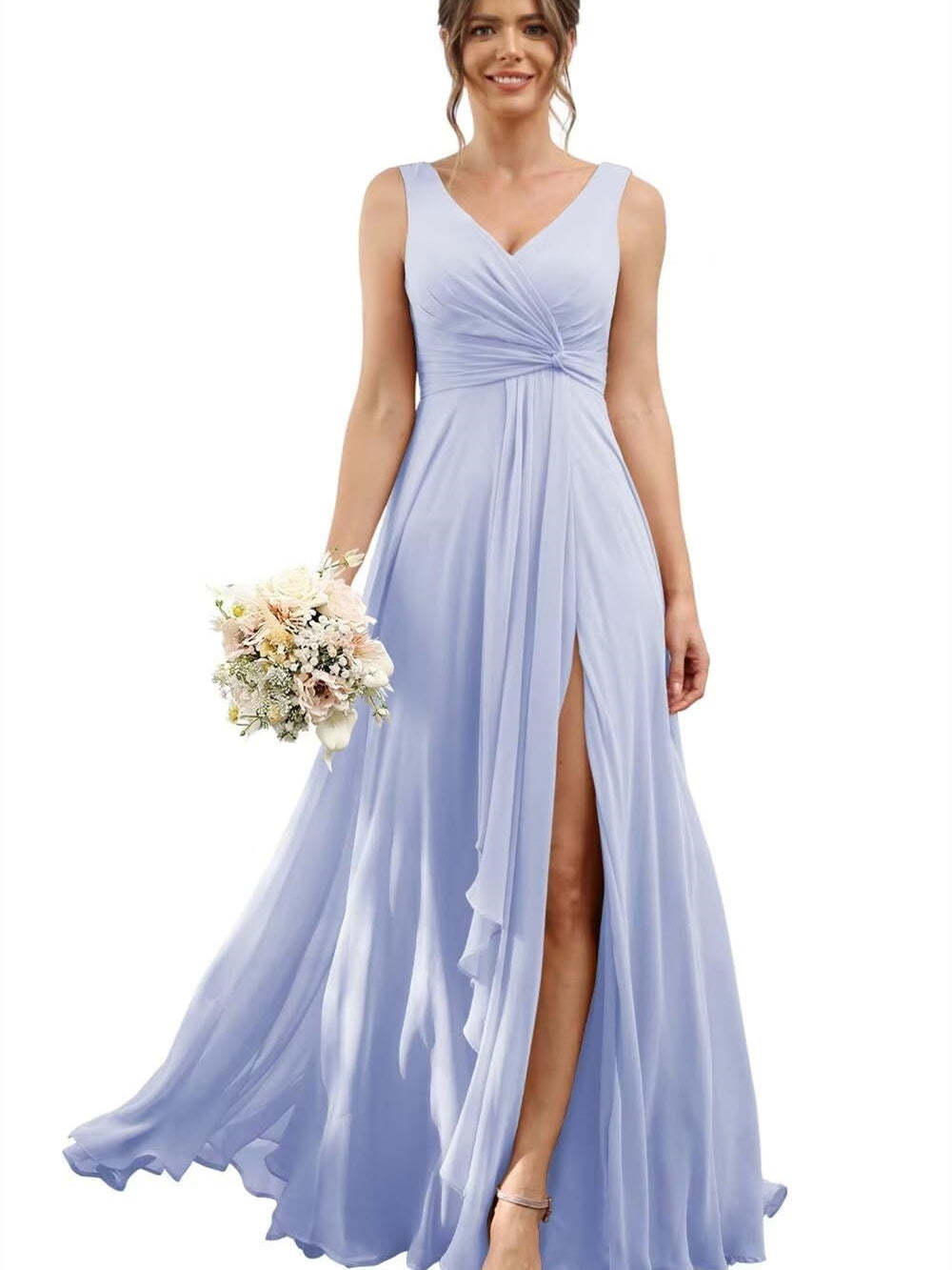 Floor-Length V-Neck Chiffon Bridesmaid Dress with Short Sleeves