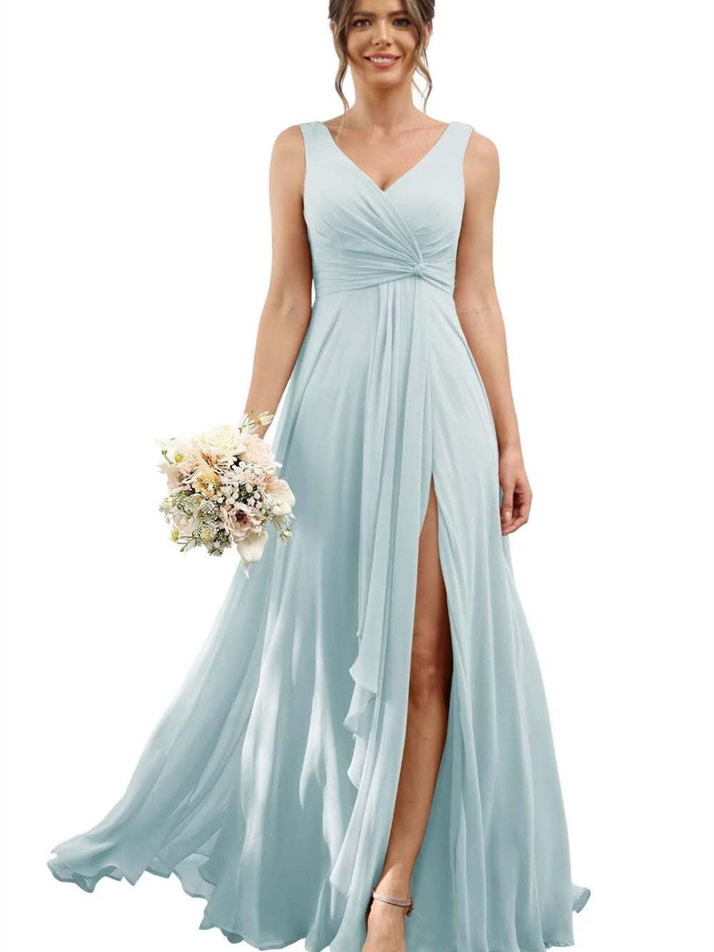 Floor-Length V-Neck Chiffon Bridesmaid Dress with Short Sleeves